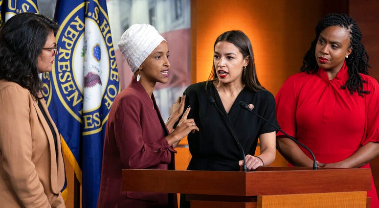 rom left, Rep. Rashida Tlaib, D-Mich., Rep. Ilhan Omar, D-Minn., Rep. Alexandria Ocasio-Cortez, D-N.Y., and Rep. Ayanna Pressley, D-Mass., respond to remarks by President Donald Trump after his call for the four Democratic congresswomen to go back to thei