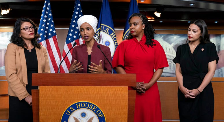 Rep. Ilhan Omar, D-Minn., responds to base remarks by President Donald Trump after he called for four Democratic congresswomen of color to go back to their "broken" countries. (AP Photo/J. Scott Applewhite)