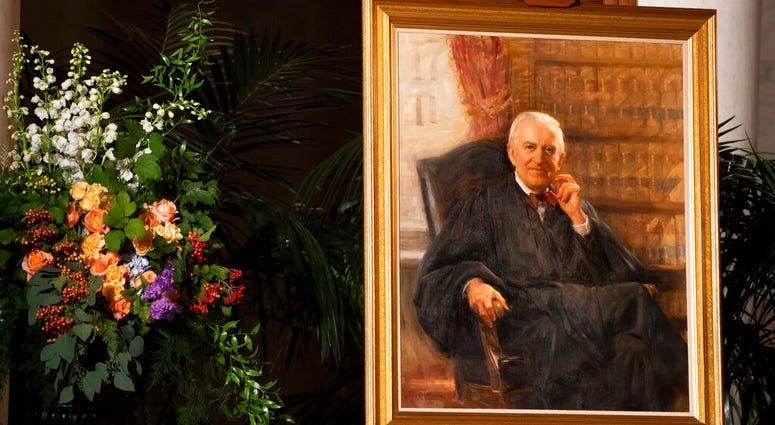A portrait of the late Supreme Court Justice John Paul Stevens is displayed in the Great Hall of the U.S. Supreme Court, Monday, July 22, 2019, in Washington, as the former justice lies in repose at the court. (AP Photo/Manuel Balce Ceneta) A portrait of the late Supreme Court Justice John Paul Stevens is displayed in the Great Hall of the U.S. Supreme Court, Monday, July 22, 2019, in Washington, as the former justice lies in repose at the court. (AP Photo/Manuel Balce Ceneta)