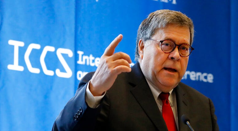 U.S. Attorney General William Barr addresses the International Conference on Cyber Security, hosted by the FBI and Fordham University, at Fordham University in New York, Tuesday, July 23, 2019. (AP Photo/Richard Drew) U.S. Attorney General William Barr addresses the International Conference on Cyber Security, hosted by the FBI and Fordham University, at Fordham University in New York, Tuesday, July 23, 2019. (AP Photo/Richard Drew)