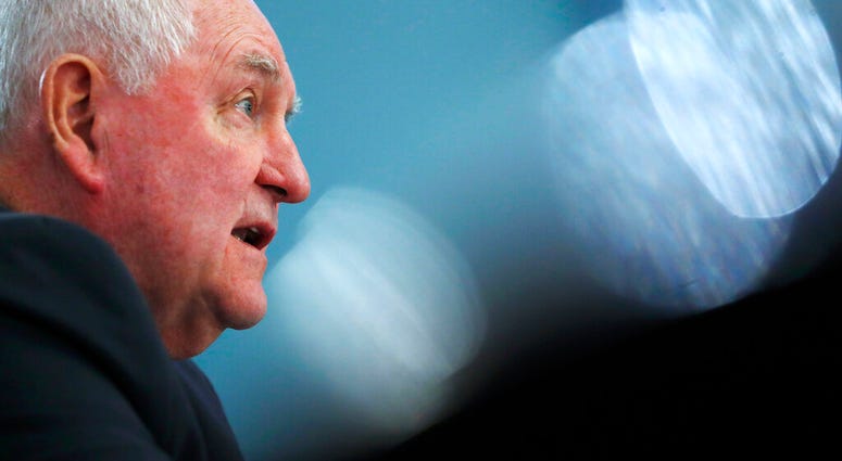 FILE - In this Feb. 27, 2019 file photo, Agriculture Secretary Sonny Perdue testifies during a House Agriculture Committee hearing, on Capitol Hill in Washington. (AP Photo/Jacquelyn Martin) FILE - In this Feb. 27, 2019 file photo, Agriculture Secretary Sonny Perdue testifies during a House Agriculture Committee hearing, on Capitol Hill in Washington. (AP Photo/Jacquelyn Martin)