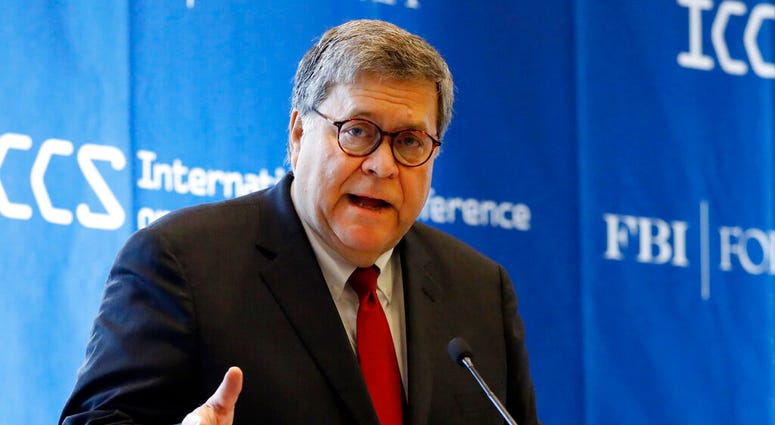 FILE - In this July 23, 2019 file photo U.S. Attorney General William Barr addresses the International Conference on Cyber Security at Fordham University in New York. Immigrants who fear persecution because of their family ties will no longer be eligible
