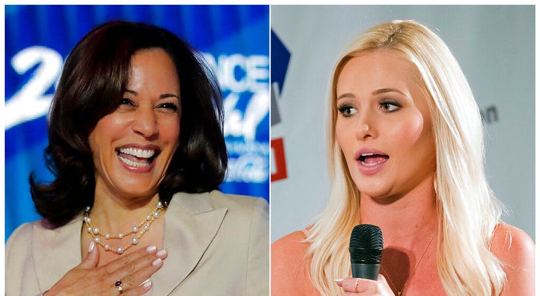 This combination of photos shows Democratic presidential candidate, Sen. Kamala Harris, D-Calif., at the 25th Essence Festival in New Orleans on July 6, 2019, left, and Fox News personality Tomi Lahren at Politicon in Pasadena, Calif. on Aug. 30, 2017. La
