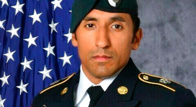 This undated photo provided by the U.S. Army shows U.S. Army Staff Sgt. Logan Melgar Green Beret. A military court hearing is set to begin in Virginia for a U.S. Marine and a Navy SEAL who are charged in the 2017 hazing death of a U.S. Green Beret in Afri