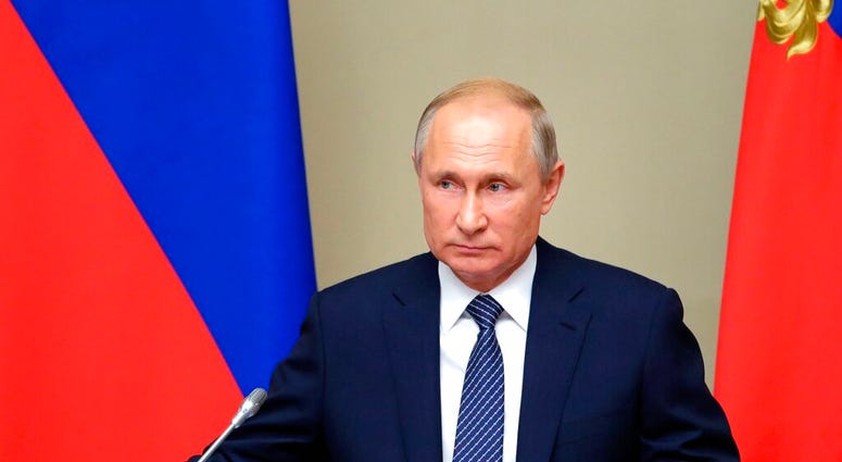 Russian President Vladimir Putin chairs a Security Council meeting in the Kremlin in Moscow, Russia, Monday, Aug. 5, 2019. Putin said that Russia will only deploy new intermediate-range missiles if the U.S. does, following the demise of a key nuclear pact