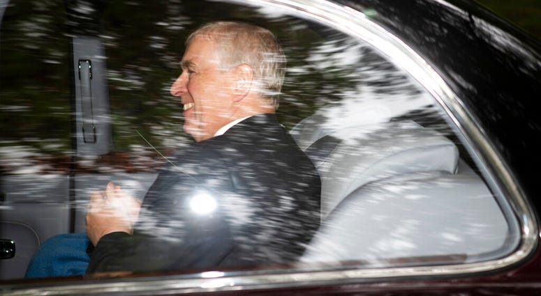 Britain's Prince Andrew, the Duke of York leaves Crathie Kirk, after a Sunday morning church service, in Crathie, Scotland, Sunday, Aug. 11, 2019. (Jane Barlow/PA via AP)