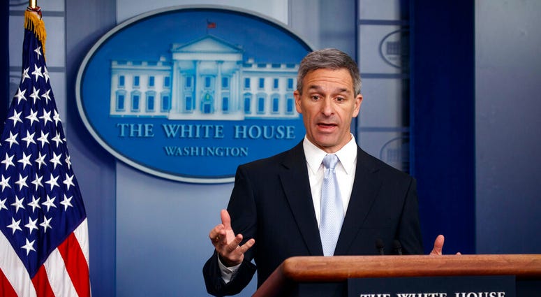 Acting Director of United States Citizenship and Immigration Services Ken Cuccinelli, speaks during a briefing at the White House, Monday, Aug. 12, 2019, in Washington. (AP Photo/Evan Vucci)