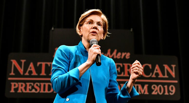Elizabeth Warren, 2020 Democratic presidential hopeful, speaks during the first day of the Frank LaMere Native American Presidential Forum held Monday, Aug. 19, 2019 at the Orpheum Theatre in Sioux City, Iowa. (Tim Hynds/Sioux City Journal via AP)