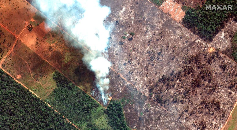 This Aug. 15, 2019 satellite image from Maxar Technologies shows closeup view of a fire southwest of Porto Velho, Brazil. (Satellite image ©2019 Maxar Technologies via AP)