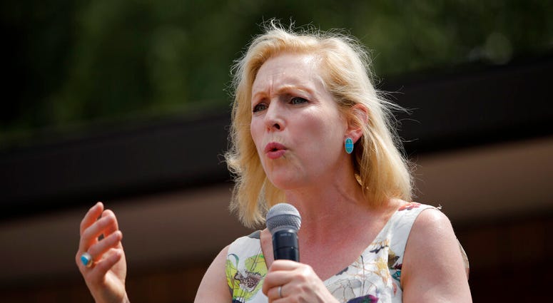 FILE - In this Aug. 10, 2019, file photo, Democratic presidential candidate Sen. Kirsten Gillibrand, D-N.Y., speaks at the Iowa State Fair in Des Moines, Iowa. Gillibrand says she's dropping out of 2020 presidential race amid low polling, fundraising stru