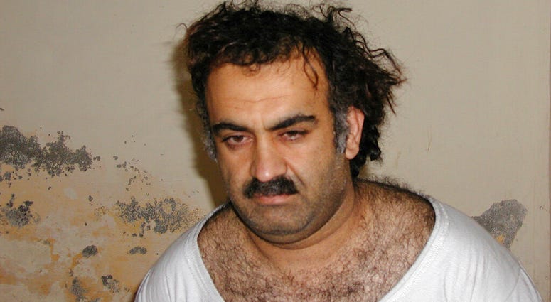 FILE - This Saturday March 1, 2003 photo obtained by The Associated Press shows Khalid Shaikh Mohammad, the alleged Sept. 11 mastermind, shortly after his capture during a raid in Pakistan.