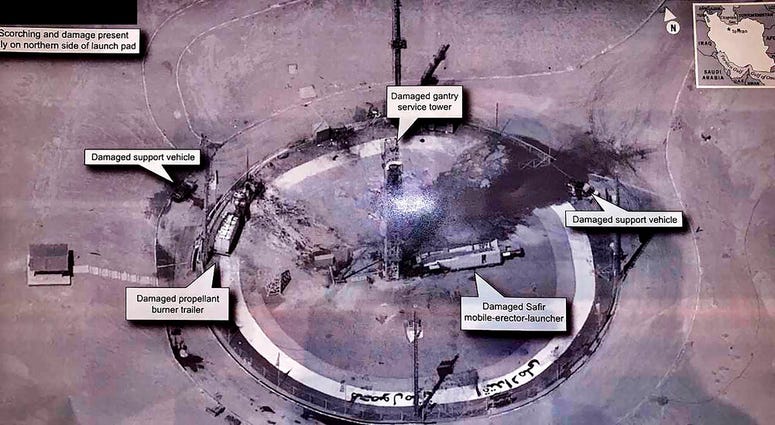 This image taken from the Twitter account of President Donald J. Trump, @realDonaldTrump, shows an undated photo of the aftermath of an explosion at Iran's Imam Khomeini Space Center in the country's Semnan province.