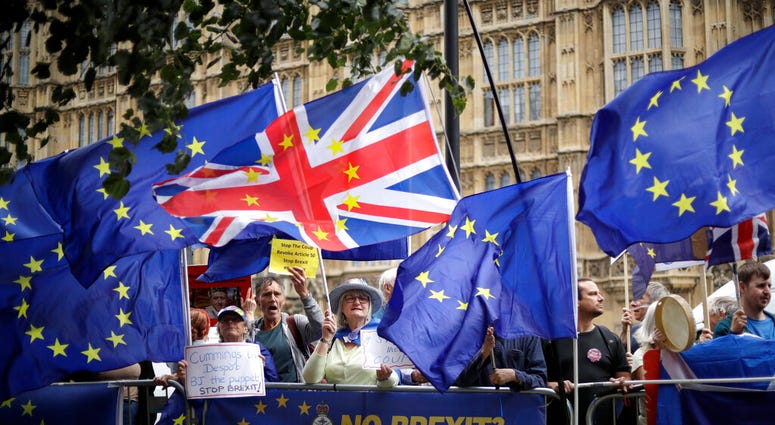 Remain supporters wave flags and hold signs as they protest opposite Parliament Square in London, Tuesday, Sept. 3, 2019.