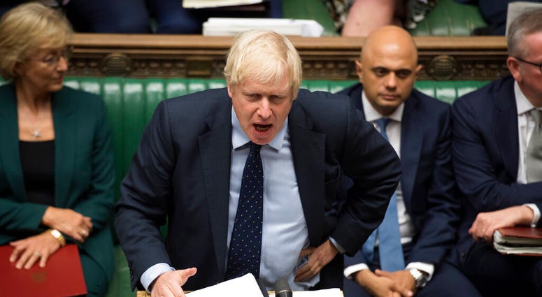 In this image released by the House of Commons, Britain's Prime Minister Boris Johnson speaks in the House of Commons, London, Tuesday Sept. 3, 2019.