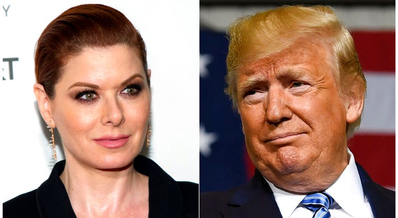 This combination photo shows actress Debra Messing during the 2019 Tribeca Film Festival in New York on May 2, 2019, left, and President Donald Trump during a visit to Shell's soon-to-be completed Pennsylvania Petrochemicals Complex in Monaca, Pa., on Aug