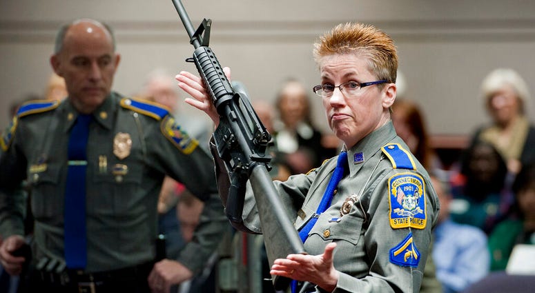 FILE - In this Jan. 28, 2013, file photo, firearms training unit Det. Barbara J. Mattson, of the Connecticut State Police, holds up a Bushmaster AR-15 rifle, the same make and model of gun used by Adam Lanza in the Sandy Hook School shooting, for a demons