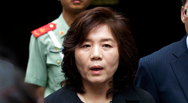 FILE - In this Thursday, June 23, 2016 file photo, Choe Son Hui, deputy director general of the Department of US Affairs of North Korea Foreign Ministry, briefs journalists outside the North Korean embassy in Beijing, China. North Korea says it's willing