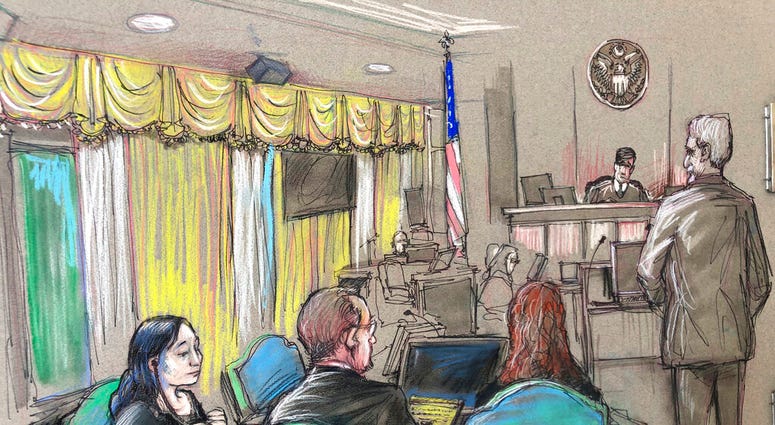 FILE - In this April 15, 2019, file court sketch, Yujing Zhang, left, a Chinese woman charged with lying to illegally enter President Donald Trump's Mar-a-Lago club, listens to a hearing before Magistrate Judge William Matthewman in West Palm Beach, Fla.