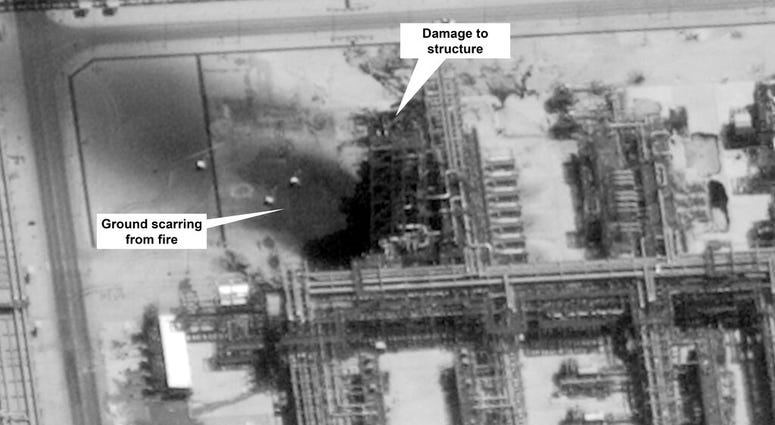 This image provided on Sunday, Sept. 15, 2019, by the U.S. government and DigitalGlobe and annotated by the source, shows damage to the infrastructure at Saudi Aramco's Kuirais oil field in Buqyaq, Saudi Arabia. (U.S. government/Digital Globe via AP) This image provided on Sunday, Sept. 15, 2019, by the U.S. government and DigitalGlobe and annotated by the source, shows damage to the infrastructure at Saudi Aramco's Kuirais oil field in Buqyaq, Saudi Arabia. (U.S. government/Digital Globe via AP)