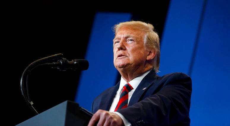 In this Thursday, Sept. 12, 2019, file photo, President Donald Trump pauses as he speaks at the 2019 House Republican Conference Member Retreat Dinner in Baltimore. (AP Photo/Carolyn Kaster, File)