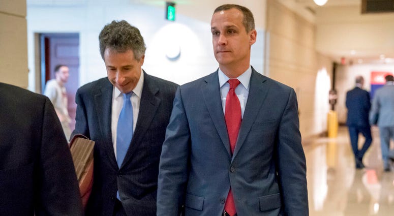 In this March 8, 2019, file photo, President Donald Trump's former campaign manager Corey Lewandowski, right, and his lawyer Peter Chavkin, left, arrive to meet behind closed doors with the House Intelligence Committee. (AP Photo/Andrew Harnik)