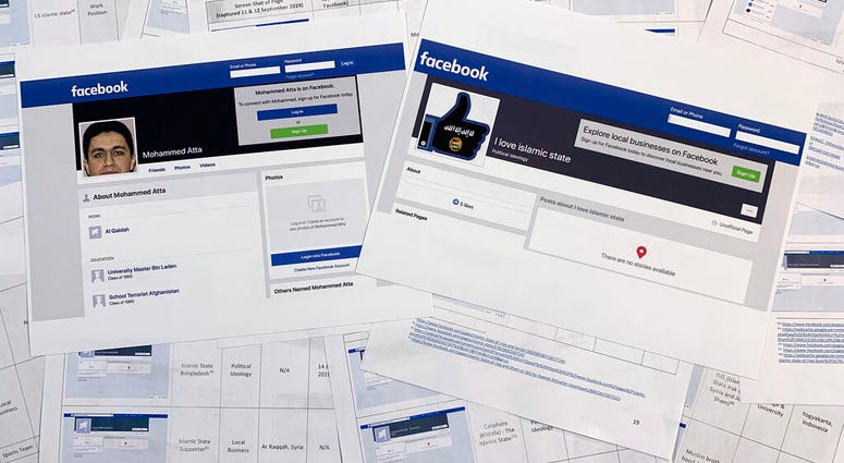 Pages from a confidential whistleblower's report obtained by The Associated Press, along with two printed Facebook pages that were active on Tuesday, Sept. 17, 2019, are photographed in Washington.