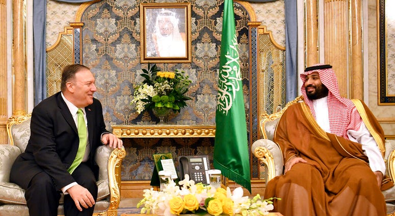 U.S. Secretary of State Mike Pompeo, left, meets with Saudi Arabia's Crown Prince Mohammed bin Salman in Jeddah, Saudi Arabia, on Wednesday, Sept 18, 2019.