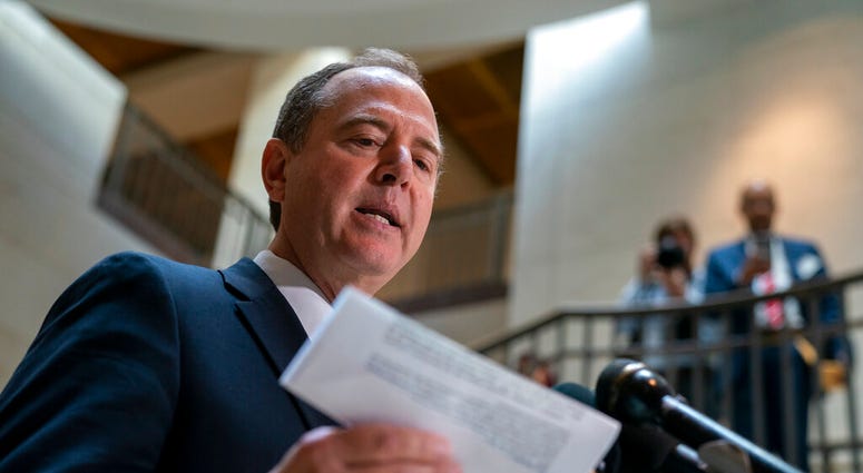 House Intelligence Committee Chairman Adam Schiff, D-Calif., speaks to reporters after the panel met behind closed doors with national intelligence inspector general Michael Atkinson about a whistleblower complaint, at the Capitol in Washington, Thursday,