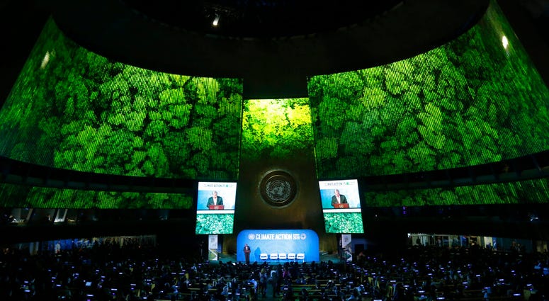 Secretary-General Antonio Guterres addresses the Climate Summit in the United Nations General Assembly at U.N. headquarters, Monday, Sept. 23, 2019. (AP Photo/Jason DeCrow)