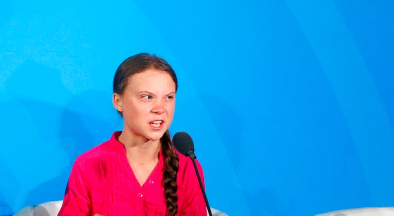Environmental activist Greta Thunberg, of Sweden, addresses the Climate Action Summit in the United Nations General Assembly, at U.N. headquarters, Monday, Sept. 23, 2019. (AP Photo/Jason DeCrow)