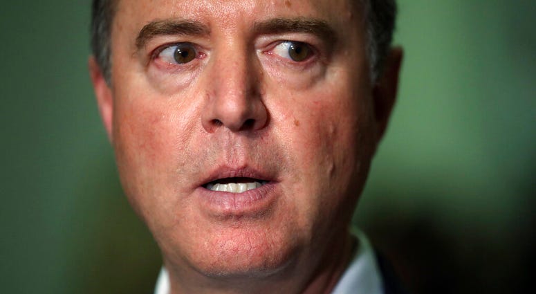 Chairman Rep. Adam Schiff, D-Calif., talks to the media after Acting Director of National Intelligence Joseph Maguire testified before the House Intelligence Committee on Capitol Hill in Washington, Thursday, Sept. 26, 2019. (AP Photo/Andrew Harnik)