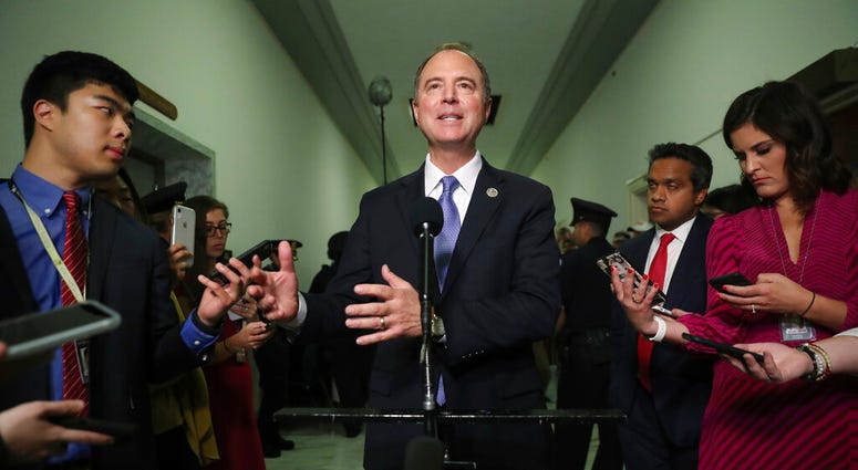 Chairman Rep. Adam Schiff, D-Calif., talks to the media after Acting Director of National Intelligence Joseph Maguire testified before the House Intelligence Committee on Capitol Hill in Washington, Thursday, Sept. 26, 2019. (AP Photo/Andrew Harnik)