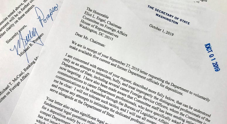 Shown is a letter from Secretary of State Mike Pompeo to Rep. Eliot Engel, D-N.Y., Chairman of the House Foreign Affairs Committee, Tuesday, Oct. 1, 2019 in Washington.
