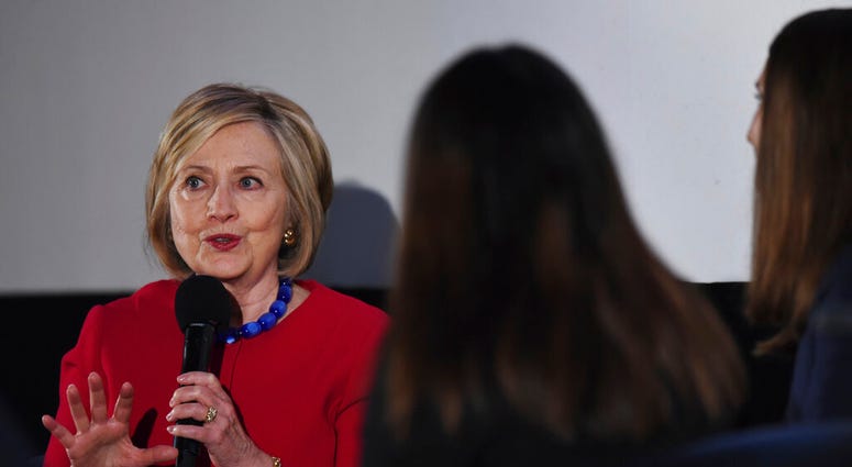 Former Secretary of State Hillary Clinton answers a question posed by student journalists during the Trailblazing Women of Park Ridge event in Park Ridge, Ill., Friday, Oct. 11, 2019.