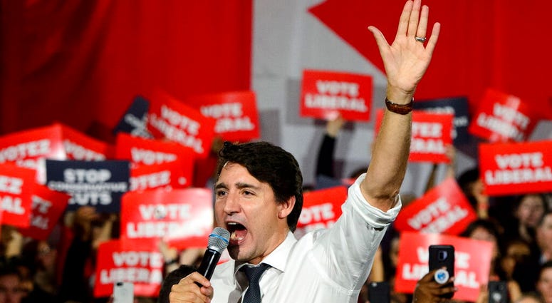Liberal leader Justin Trudeau holds a rally in Milton, Ontario, Canada, on Saturday, Oct. 19, 2019. National elections are scheduled for Monday. (Sean Kilpatrick/The Canadian Press via AP)