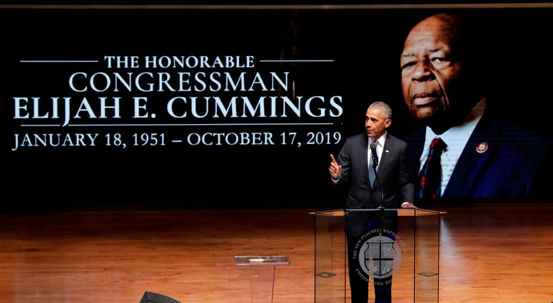 Former President Barack Obama speaks during funeral services for Rep. Elijah Cummings, Friday, Oct. 25, 2019, in Baltimore. (AP Photo/Julio Cortez, Pool)