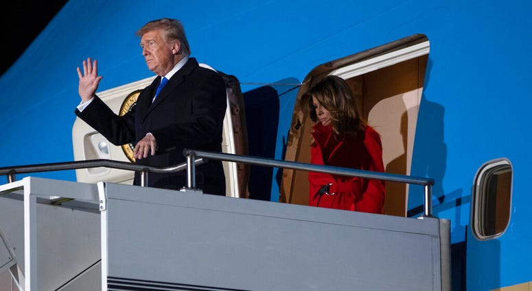 President Donald and first lady Melania Trump arrive at London Stansted Airport to attend the NATO summit, Monday, Dec. 2, 2019, in London. (AP Photo/ Evan Vucci) President Donald and first lady Melania Trump arrive at London Stansted Airport to attend the NATO summit, Monday, Dec. 2, 2019, in London. (AP Photo/ Evan Vucci)