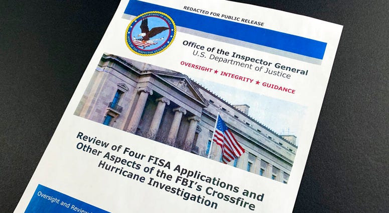 The cover page of the report issued by the Department of Justice inspector general is photographed in Washington, Monday, Dec. 9, 2019. (AP Photo/Jon Elswick) The cover page of the report issued by the Department of Justice inspector general is photographed in Washington, Monday, Dec. 9, 2019. (AP Photo/Jon Elswick)