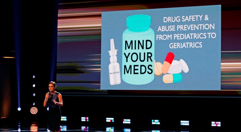 Camille Schrier, of Virginia, addresses her concern about drug safety to the audience prior to winning the Miss America competition at the Mohegan Sun casino in Uncasville, Conn., Thursday, Dec. 19, 2019.
