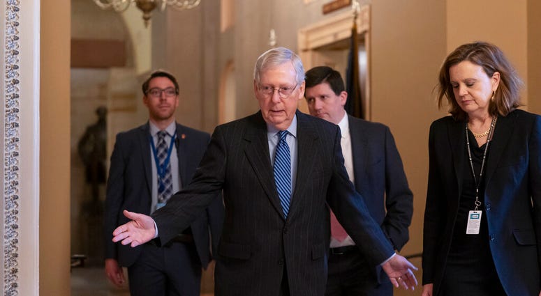 Senate Majority Leader Mitch McConnell, R-Ky., arrives for a closed meeting with fellow Republicans at the Capitol in Washington, Tuesday, Jan. 7, 2020. (AP Photo/J. Scott Applewhite) Senate Majority Leader Mitch McConnell, R-Ky., arrives for a closed meeting with fellow Republicans at the Capitol in Washington, Tuesday, Jan. 7, 2020. (AP Photo/J. Scott Applewhite)