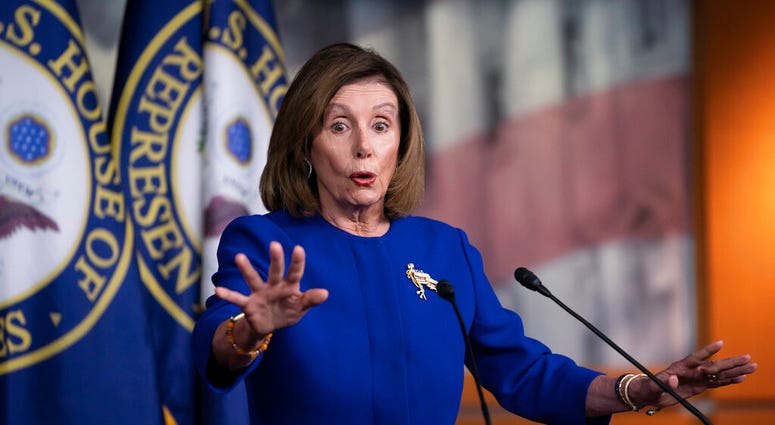 Speaker of the House Nancy Pelosi, D-Calif., arrives to meet with reporters following escalation of tensions this week between the U.S. and Iran, Thursday, Jan. 9, 2020, on Capitol Hill in Washington. (AP Photo/J. Scott Applewhite) Speaker of the House Nancy Pelosi, D-Calif., arrives to meet with reporters following escalation of tensions this week between the U.S. and Iran, Thursday, Jan. 9, 2020, on Capitol Hill in Washington. (AP Photo/J. Scott Applewhite)