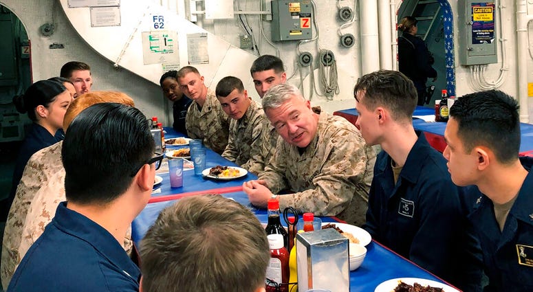 Marine Gen. Frank McKenzie, the top U.S. commander for the Middle East, meets with sailors and Marines on the USS Bataan amphibious assault ship on Thursday, Jan. 23, 2020, in the northern Red Sea. (AP Photo/Lolita Baldor) Marine Gen. Frank McKenzie, the top U.S. commander for the Middle East, meets with sailors and Marines on the USS Bataan amphibious assault ship on Thursday, Jan. 23, 2020, in the northern Red Sea. (AP Photo/Lolita Baldor)