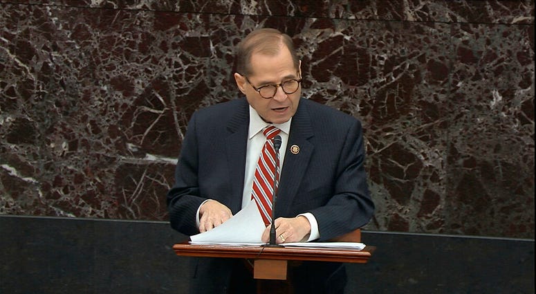In this image from video, House impeachment manager Rep. Jerrold Nadler, D-N.Y., speaks during the impeachment trial against President Donald Trump in the Senate at the U.S. Capitol in Washington, Thursday, Jan. 23, 2020. (Senate Television via AP) In this image from video, House impeachment manager Rep. Jerrold Nadler, D-N.Y., speaks during the impeachment trial against President Donald Trump in the Senate at the U.S. Capitol in Washington, Thursday, Jan. 23, 2020. (Senate Television via AP)
