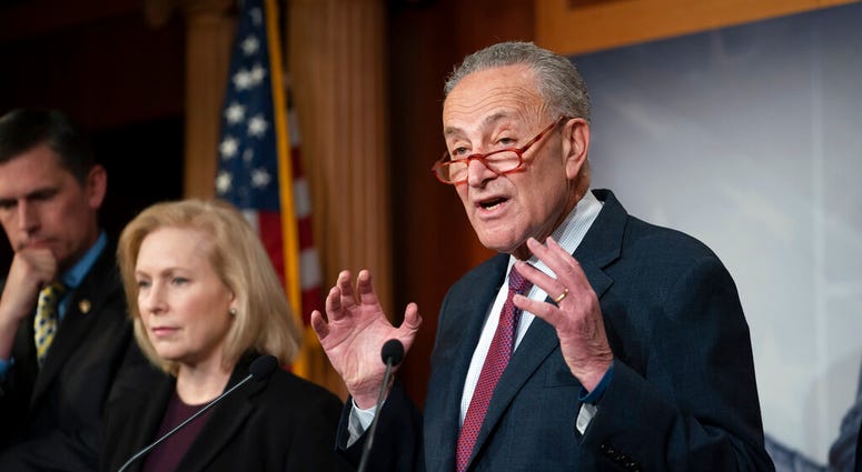 Senate Minority Leader Chuck Schumer, D-N.Y., alks to reporters about the impeachment trial of President Donald Trump on charges of abuse of power and obstruction of Congress, in Washington, Friday, Jan. 24, 2020. (AP Photo/J. Scott Applewhite) Senate Minority Leader Chuck Schumer, D-N.Y., alks to reporters about the impeachment trial of President Donald Trump on charges of abuse of power and obstruction of Congress, in Washington, Friday, Jan. 24, 2020. (AP Photo/J. Scott Applewhite)