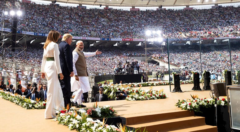 U.S. President Donald Trump, first lady Melania Trump, and Indian Prime Minister Narendra Modi arrive for a "Namaste Trump," event at Sardar Patel Stadium, Monday, Feb. 24, 2020, in Ahmedabad, India. (AP Photo/Alex Brandon) U.S. President Donald Trump, first lady Melania Trump, and Indian Prime Minister Narendra Modi arrive for a "Namaste Trump," event at Sardar Patel Stadium, Monday, Feb. 24, 2020, in Ahmedabad, India. (AP Photo/Alex Brandon)