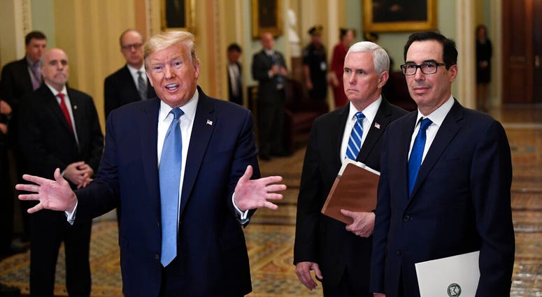 President Donald Trump, left, standing with Vice President Mike Pence and Treasury Secretary Steven Mnuchin, right, talks to reporters about the coronavirus outbreak on Tuesday, March 10, 2020, on Capitol Hill in Washington. (AP Photo/Susan Walsh) President Donald Trump, left, standing with Vice President Mike Pence and Treasury Secretary Steven Mnuchin, right, talks to reporters about the coronavirus outbreak on Tuesday, March 10, 2020, on Capitol Hill in Washington. (AP Photo/Susan Walsh)