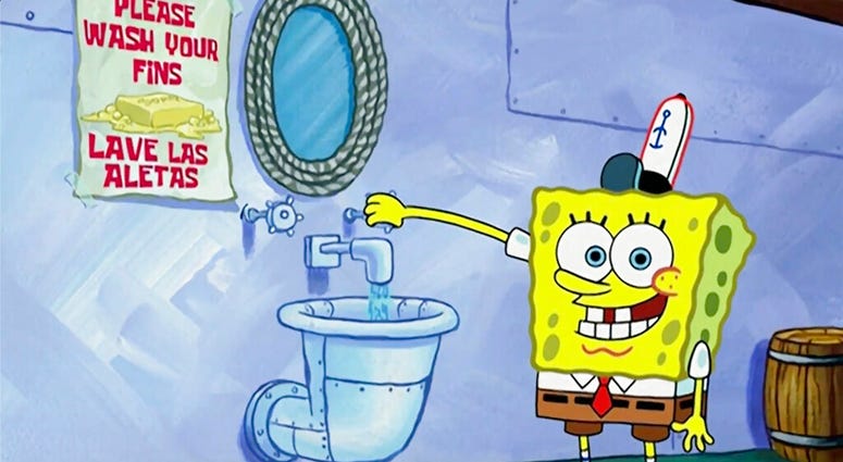 This image released by Nickelodeon shows animated character SpongeBob SquarePants demonstrating effective handwashing in a video to be shown on Nickelodeon’s cable and digital platforms.