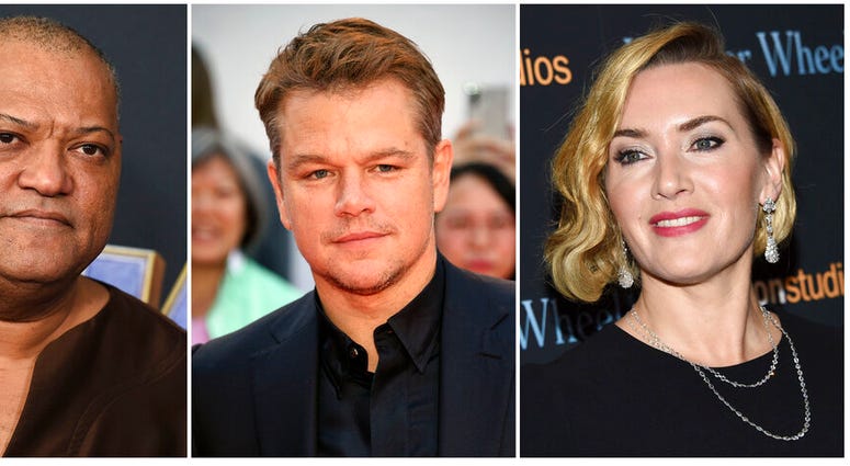 This combination photo shows actors, from left, Laurence Fishburne, Matt Damon and Kate Winslet, who are among the stars of the 2011 thriller “Contagion” who have reunited for a series of public service announcements to warn about COVID-19.