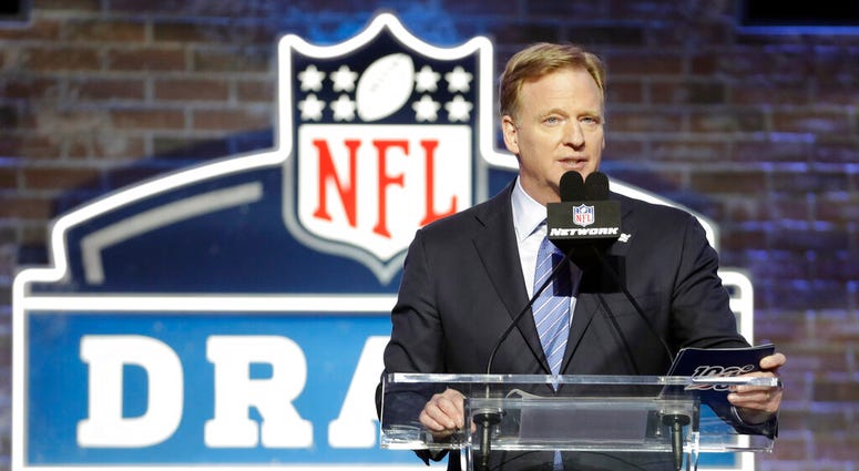 FILE - In this April 25, 2019, file photo, NFL Commissioner Roger Goodell speaks ahead of the first round at the NFL football draft in Nashville, Tenn. (AP Photo/Steve Helber, FIle) FILE - In this April 25, 2019, file photo, NFL Commissioner Roger Goodell speaks ahead of the first round at the NFL football draft in Nashville, Tenn. (AP Photo/Steve Helber, FIle)