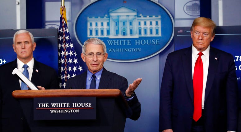 FILE - In this April 17, 2020, file photo, President Donald Trump and Vice President Mike Pence listen as Dr. Anthony Fauci, director of the National Institute of Allergy and Infectious Diseases, speaks about the coronavirus in the James Brady Press Brief